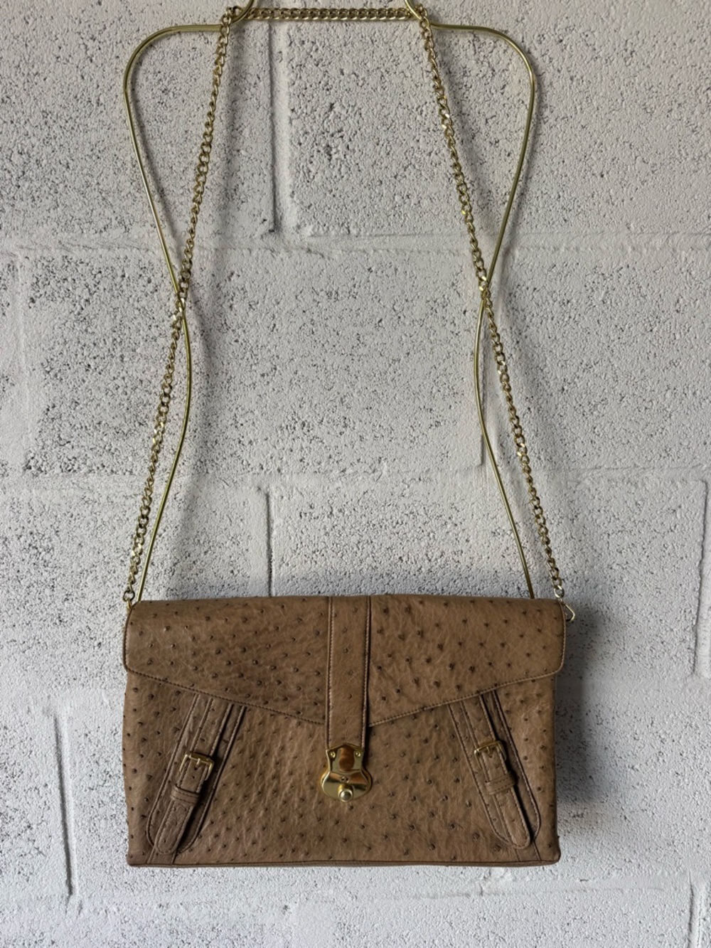 W. H. Petronela Tan Ostrich-Texture Leather Crossbody Bag with Gold Chain $825